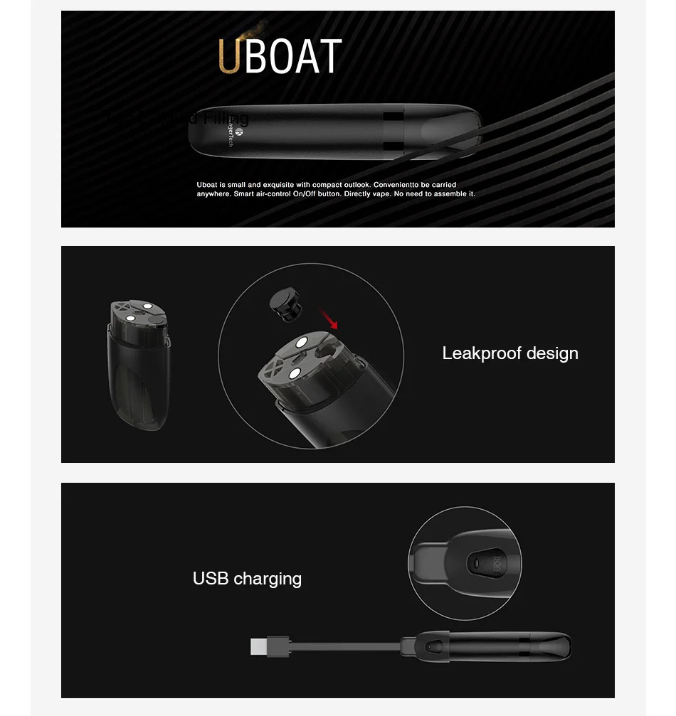 Original Kangertech Uboat Starter Kit with 550mAh Uboat Battery & 2ml Uboat Tank & 1.5ohm Coil Leakproof Design Vape Kit Pod Kit