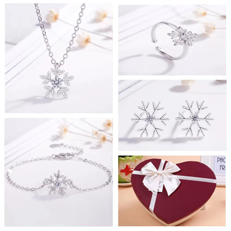 Fashion Silver Snowflake Shape Christmas Gift Necklace Bracelet Ring Earrings 4 Piece Gift Box Valentine's Day & Birthday Gift
Fashion Silver Snowflake Shape Christmas Gift Necklace Bracelet Ring Earrings 4 Piece Gift Box Valentine's Day & Birthday Gift