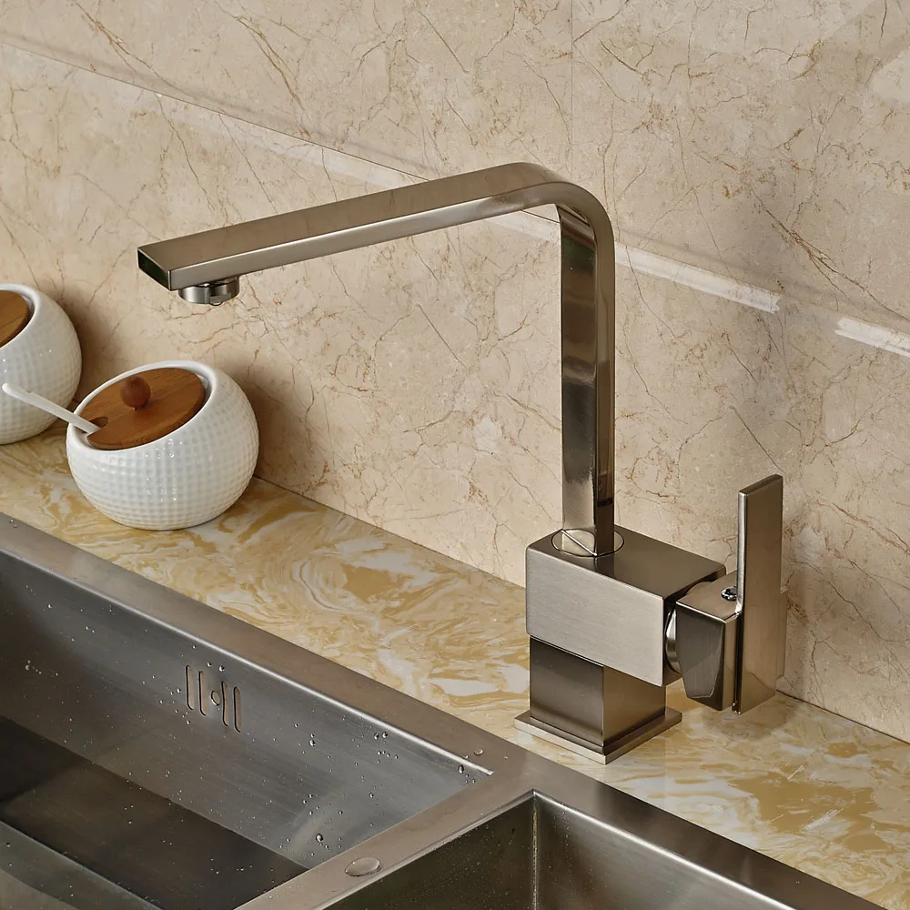 Nickel Brushed Finished Deck Mounted Swivel Spout Kitchen Sink Faucet Hot and Cold Water Mixer Tap