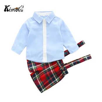 

Kimocat new children's wear Summer long-sleeved shirt college style fashionable boys and girls checked suspenders suit.