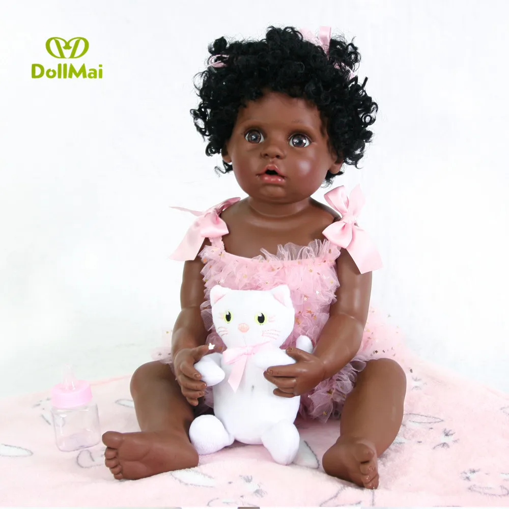 

55cm Full Silicone Black Skin Reborn Baby Doll Toy For Girl Boneca Vinyl Newborn Babies Cute Birthday Gift Alive Bebe Bathe Toy
