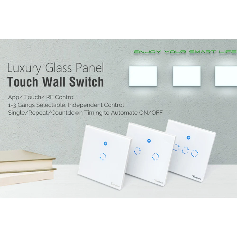 Sonoff T1 RF WiFi Switch Touch Control Wall Light Switch 1 /2 /3Gang 86 Type UK Panel Wall Touch Light Switch 433Mhz Smart Home
Sonoff T1 RF WiFi Switch Touch Control Wall Light Switch 1 /2 /3Gang 86 Type UK Panel Wall Touch Light Switch 433Mhz Smart Home