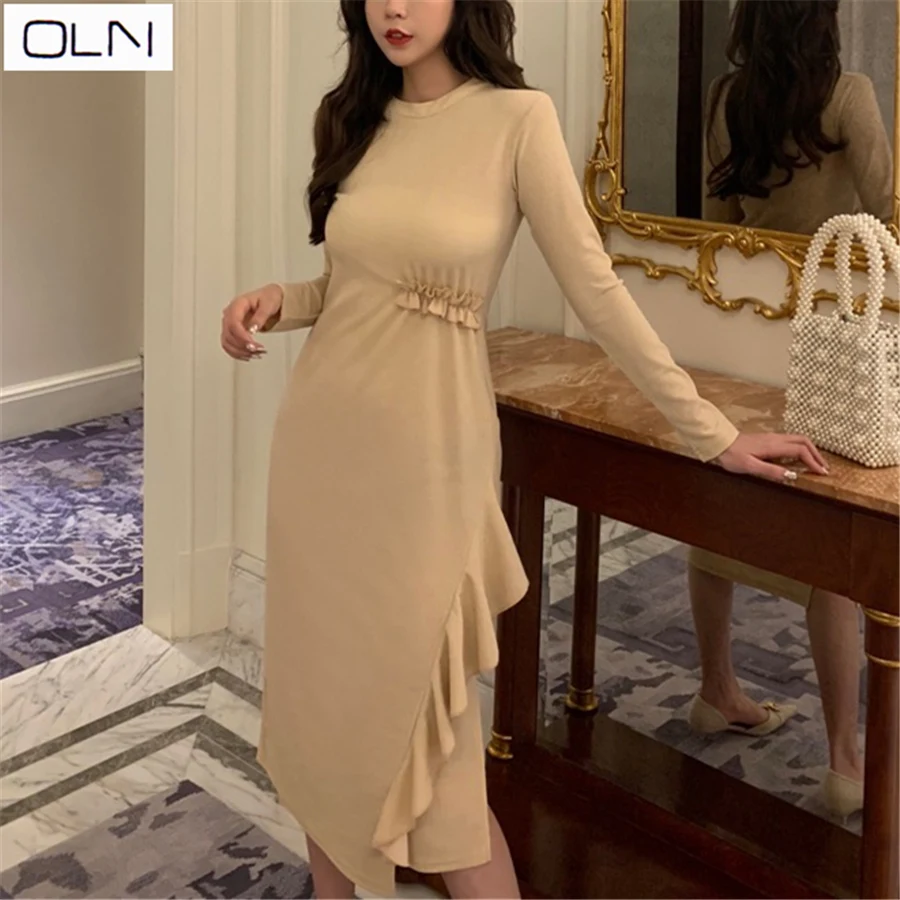 Vestidos Korean version OLN retro ruffled super long leg length two-color bright silk knit dress for women
Vestidos Korean version OLN retro ruffled super long leg length two-color bright silk knit dress for women