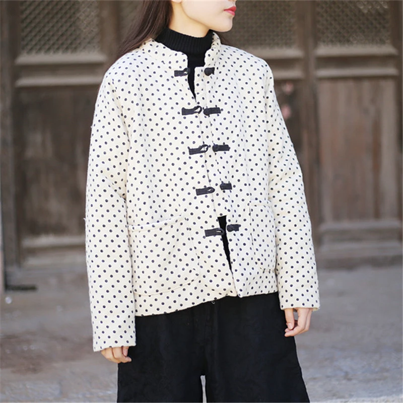 2018 women Warm cotton outwear sanding wave dot printing Chinese collar cotton padded coat
2018 women Warm cotton outwear sanding wave dot printing Chinese collar cotton padded coat