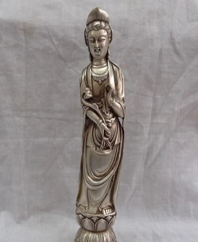 dr608 10" Chinese Buddhism Silver RuYi Goddess Kwan-Yin QuanYin Buddha Brass Statue