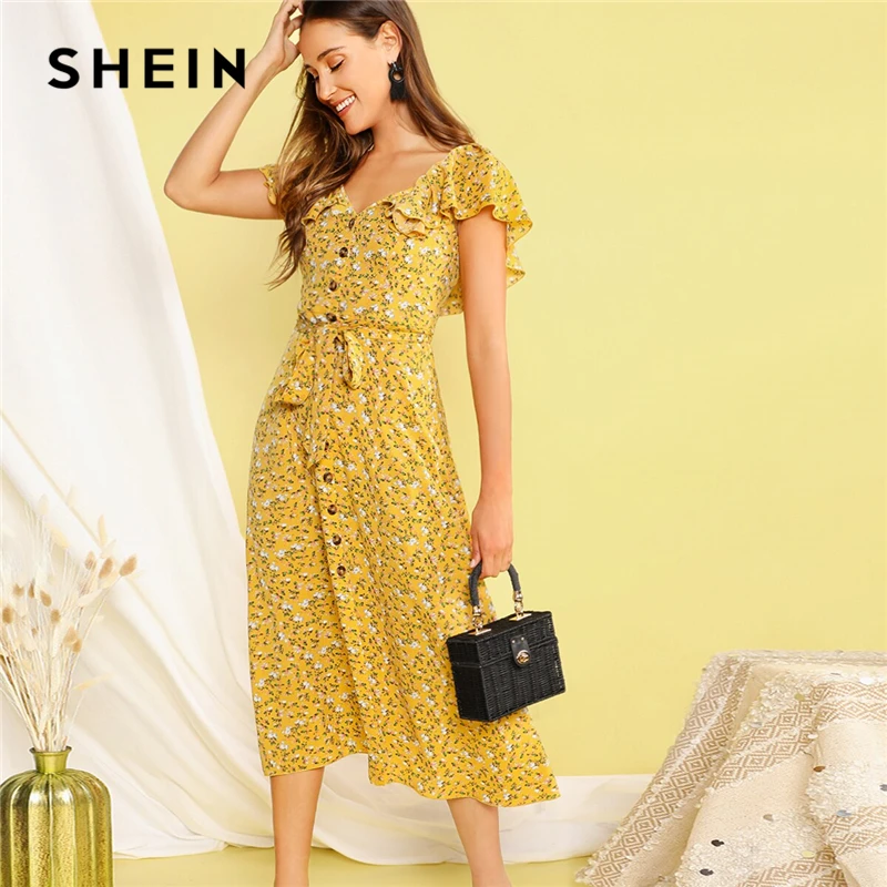 

SHEIN Boho Yellow Buttoned Ditsy Floral Ruffle Trim Self Belted Summer Long Dress Women 2019 V Neck Fit and Flare Shirt Dresses