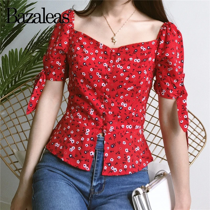 Bazaleas blusa feminina Center buttons blusas Tops Fashion Red Floral Print blouse Square Collar Ruffles drop shipping
Bazaleas blusa feminina Center buttons blusas Tops Fashion Red Floral Print blouse Square Collar Ruffles drop shipping