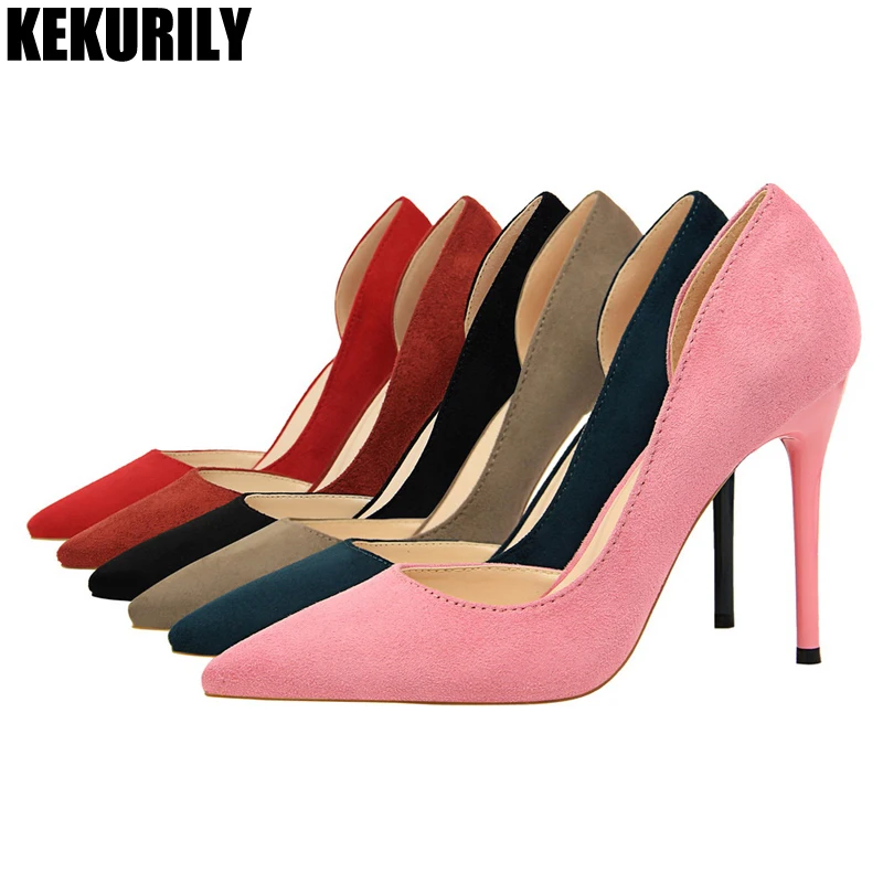 

Woman Shoes Flock Slip on Pumps High Heels Sandals Fashion Pointed Toe Shallow Slides zapatos mujer Black Red pink green khaki