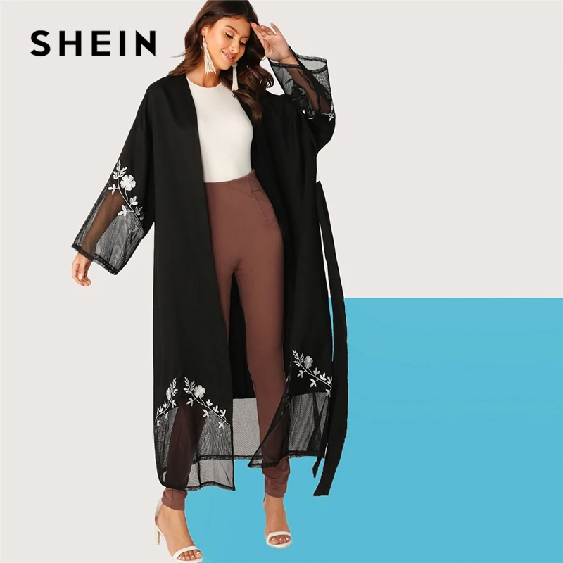 

SHEIN Open Front Mesh Insert Embroidery Floral Kimono 2019 Black Elegant Spring Women Belted Summer Longline Kimono