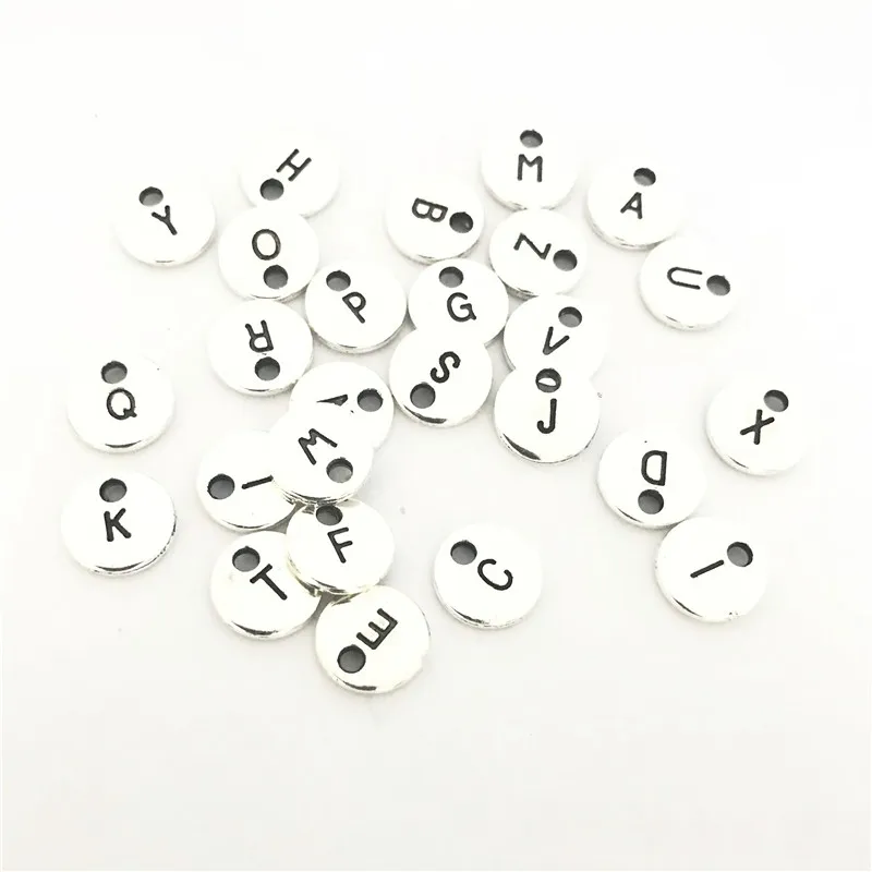 

High Quality 5 Pieces/Lot 10mm Antique Silver Color Double-Sided Alphabet Initial Bracelet Charm Pendant For Jewelry Making