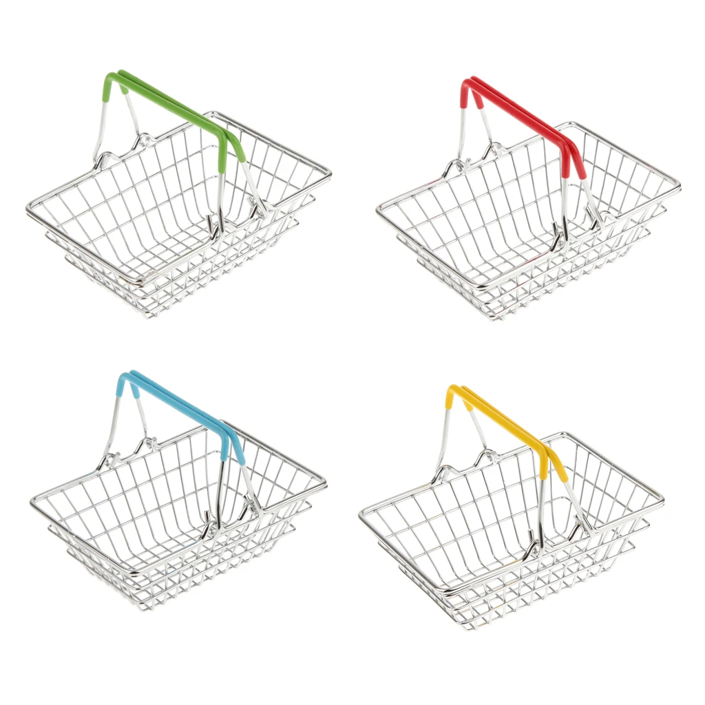 Red Small Metal Shopping Basket Table Storage Basket for Children Kids Role Pretend Play Toys Room Decoration