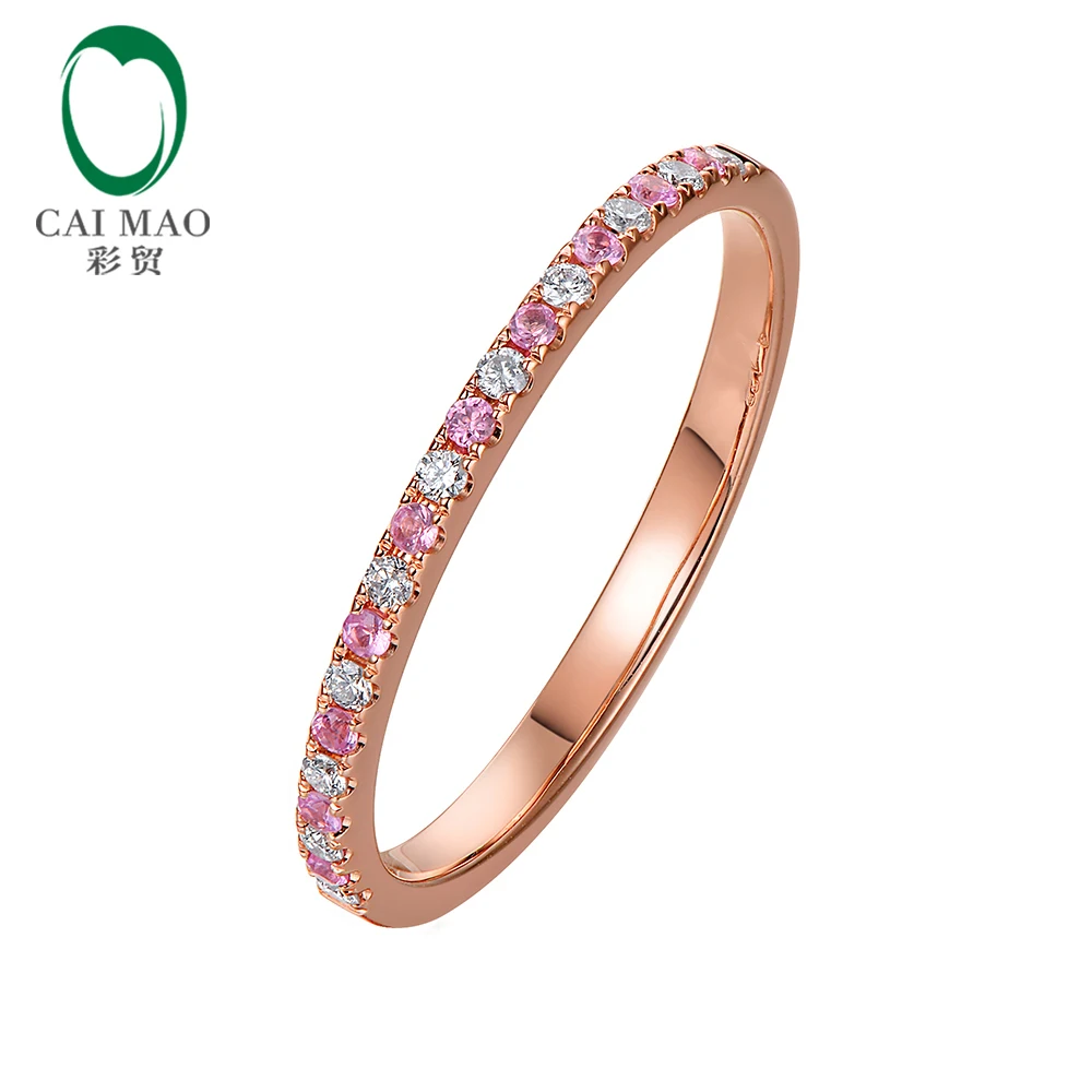 

CaiMao 14KT/585 Rose Gold 0.09 ct Round Cut Diamond& 0.10ct Pink Sapphire Engagement Gemstone Wedding Band Ring Jewelry