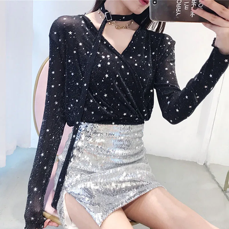 Chiffon Shirt Cross Deep V-neck micro-transparent Stars printed Blouses OL Long Sleeved High waist Tops with Choker 2018 Spring
Chiffon Shirt Cross Deep V-neck micro-transparent Stars printed Blouses OL Long Sleeved High waist Tops with Choker 2018 Spring