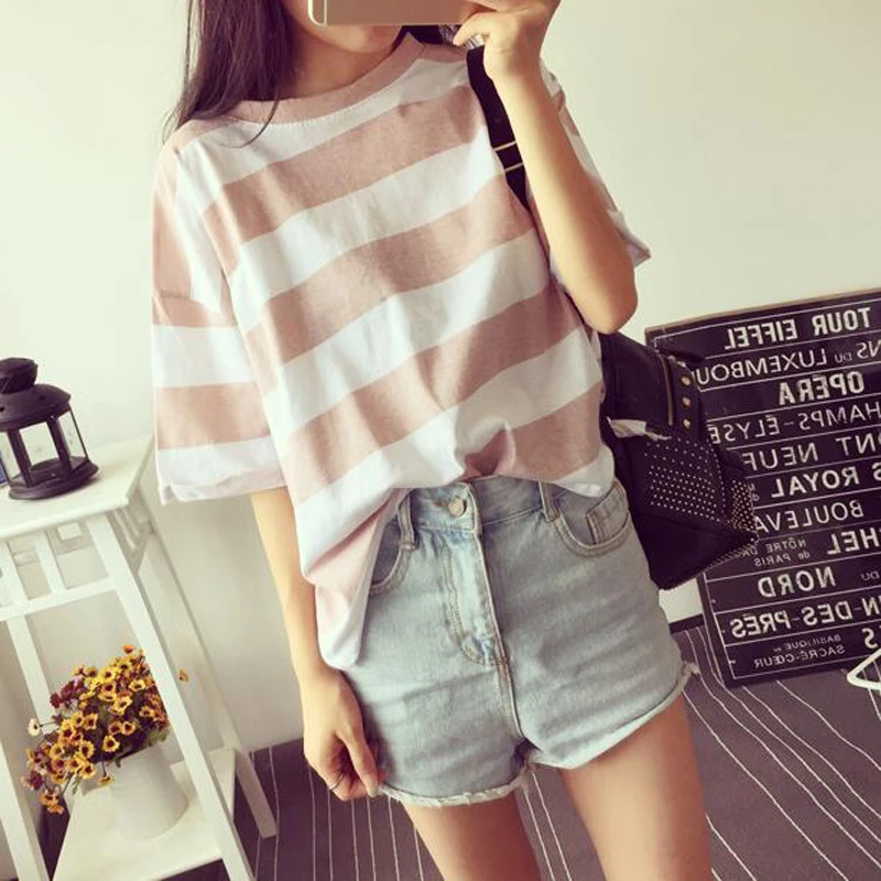 New Fashion T shirts Women Spring Summer Striped Color Short Sleeve O Neck Tshirt Femme Casual Loose Sweet Style Basic T shirt
New Fashion T shirts Women Spring Summer Striped Color Short Sleeve O Neck Tshirt Femme Casual Loose Sweet Style Basic T shirt
