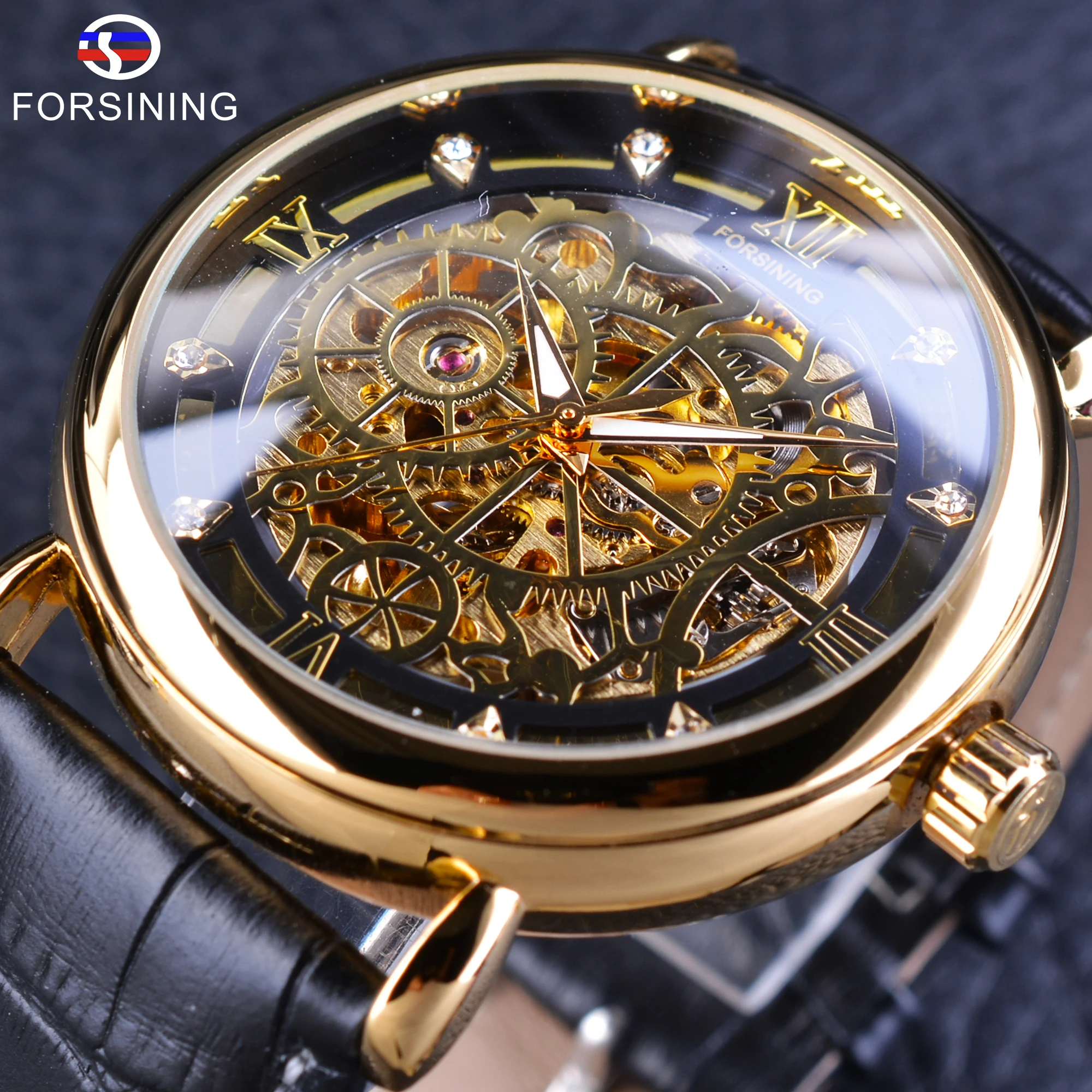 Forsining Men's Automatic Mechanical Watch Classic Golden Openwork Dial Black Genuine Leather Strap Transparent Case Wrist | Наручные