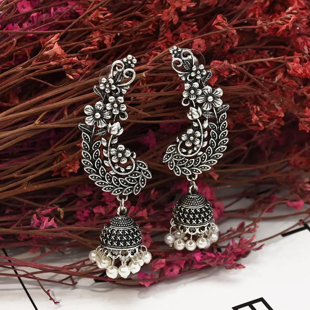 

Bollywood Oxidized Jewellery Ethnic Silver Afghan Long Tassel Bead Drop Flower Peacock Jhumka Indian Earrings Wedding Jewelry