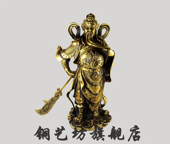 14''China Bronze Warrior Guangong Hold Sword Guanyu Dragon Statue