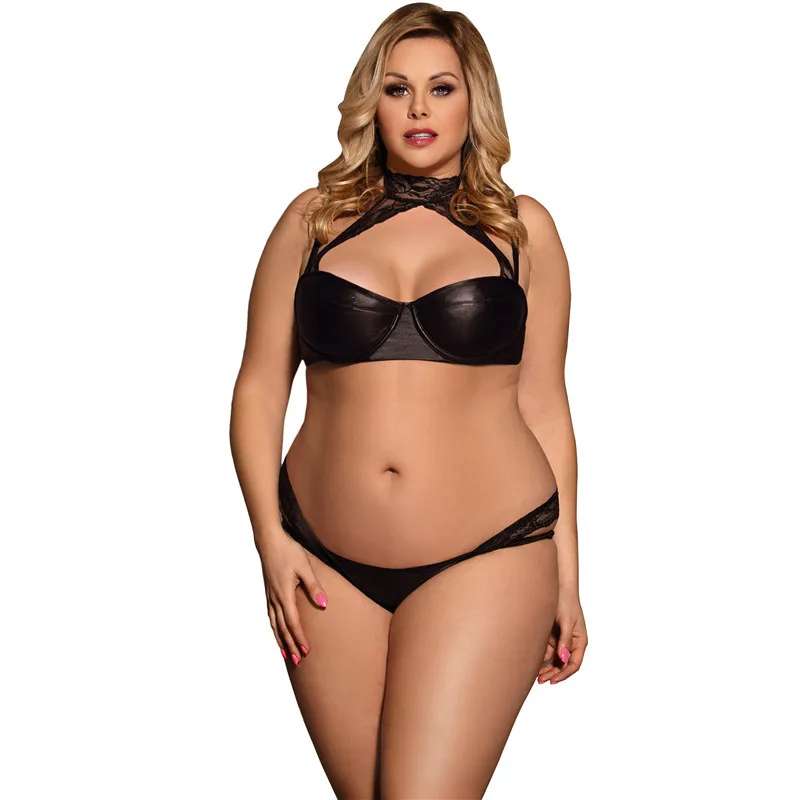 5XL-Intimates-Sexy-Lingerie-Women-Set-Special-Design-Black-Leather-Lace-Halter-Bra-Set-With-Bra