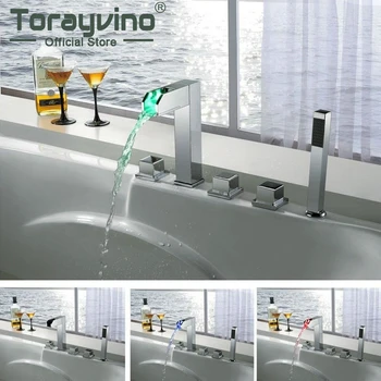 

5 Holes Wall Mounted LED Waterfall Faucets,Mixers & Taps LED Mixer Bathtub LED Faucet Set JN6501