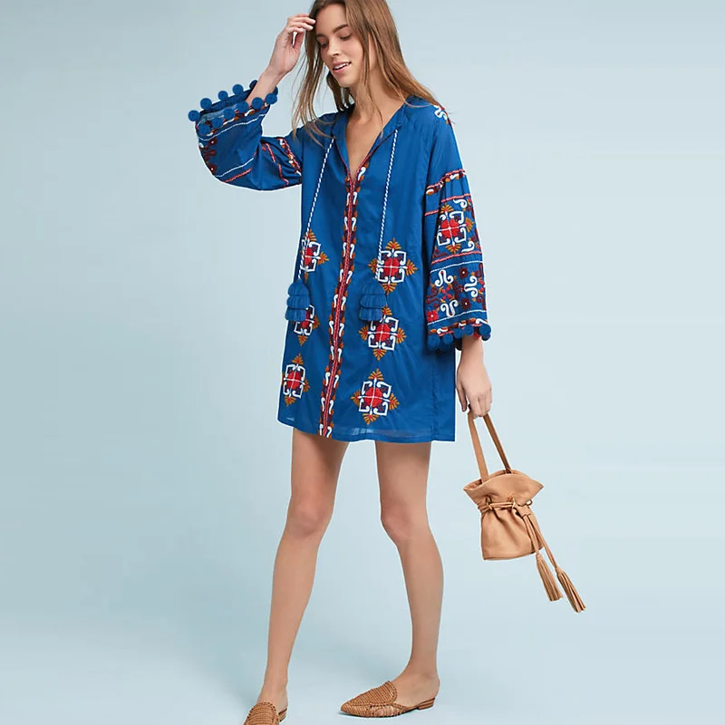 Summer vacation national style embroidery tassel lantern sleeve dress loose bobble ball island cardigan-style beach mini dress
Summer vacation national style embroidery tassel lantern sleeve dress loose bobble ball island cardigan-style beach mini dress