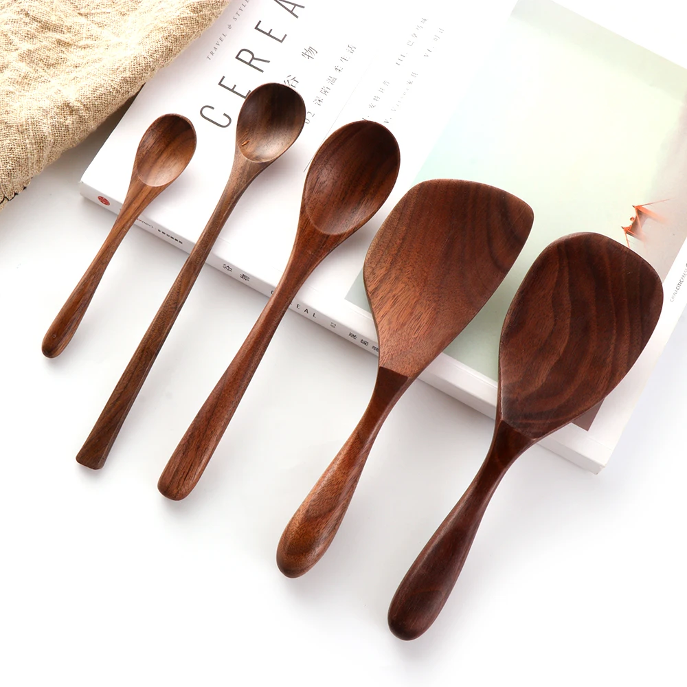 

1 PC Black Walnut Coffee Honey Spoons Wooden Japanese Style Stir Long Scoop Large Soup Rice Condiment Spoon Kitchen Tableware