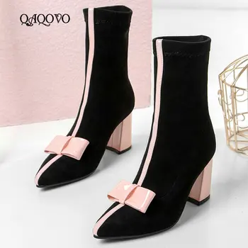 Sweet Bow Ankle Boots Women Faux Suede Square High Heel Stretch Boots Slip On Fashion Pointed Toe Autumn Winter Ladies Shoes
Sweet Bow Ankle Boots Women Faux Suede Square High Heel Stretch Boots Slip On Fashion Pointed Toe Autumn Winter Ladies Shoes