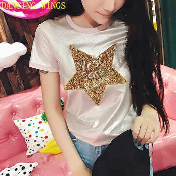 Summer shining stars pink bottoming shirt loose thin short-sleeved T-shirt tide female tops 
Summer shining stars pink bottoming shirt loose thin short-sleeved T-shirt tide female tops