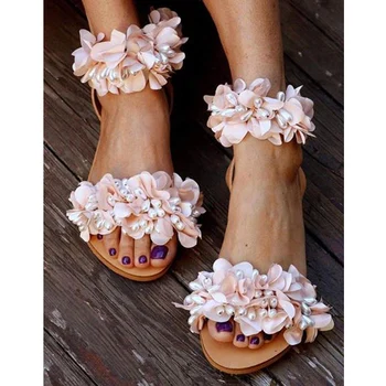 

NAN JIU MOUNTAIN Summer Flat Sandals Women Flowers Handmade Beaded Rhinestones Pearl Lady Wind Plus Size 34-43