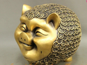 

xd 002406 9" Folk Chinese Bronze Lucky Wealth Coin Year Zodiac Happy Pig Statue Money-Box