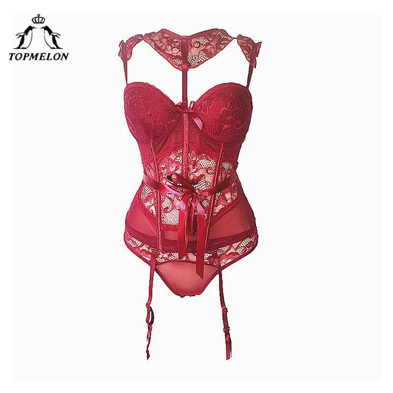 

TOPMELON Slimming Underwear Women Shapewear Bodysuit Belly Slimming Sheath Slim Sexy Red Lace Push Up Harness Cut Out Lingerie