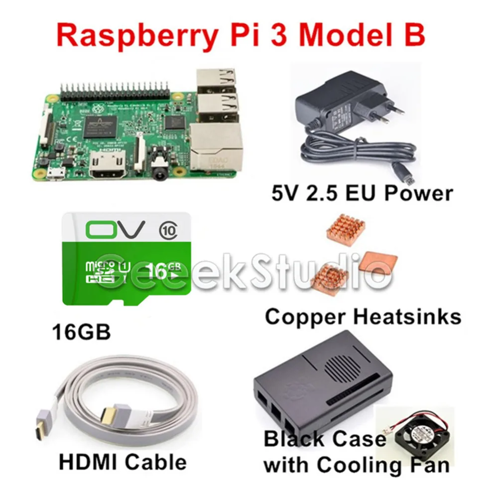 Raspberry Pi 3 Model B Starter Kit with 5V 2.5A EU/UK/US Power Supply + 16GB SD Card + Copper Heatsinks + HDMI Cable
Raspberry Pi 3 Model B Starter Kit with 5V 2.5A EU/UK/US Power Supply + 16GB SD Card + Copper Heatsinks + HDMI Cable