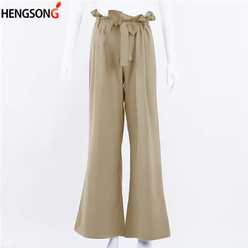 

2018 High Waist Belted Zipper Palazzo Pants Ginger Frill Waist Ruffle Wide Leg Pants Women Elegant OL Style Trousers