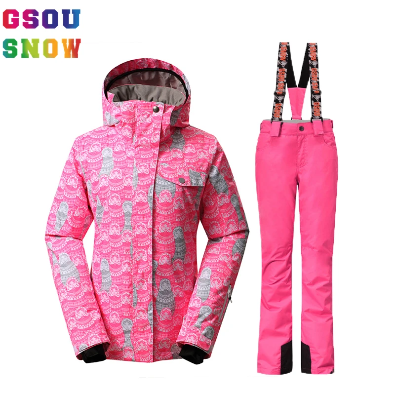 Image GSOU SNOW womens ski suits jackets and pants female winter snowboard suits colorful pink blue windproof waterproof free shipping