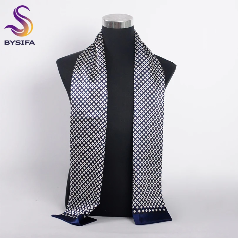 

[BYSIFA] Brand Men Silk Scarf Muffler Winter Fashion Accessory 100% Pure Silk Male Plaid Long Scarves Cravat Navy Blue 160*26cm