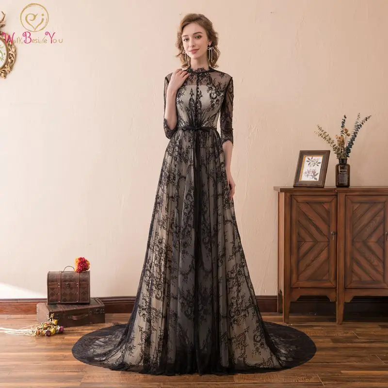 New Fashion Lace Black Evening Dresses Sexy Halter Neck Long Sleeve Formal A Line Long Party Gowns With Pretty Bow abendkleider
New Fashion Lace Black Evening Dresses Sexy Halter Neck Long Sleeve Formal A Line Long Party Gowns With Pretty Bow abendkleider