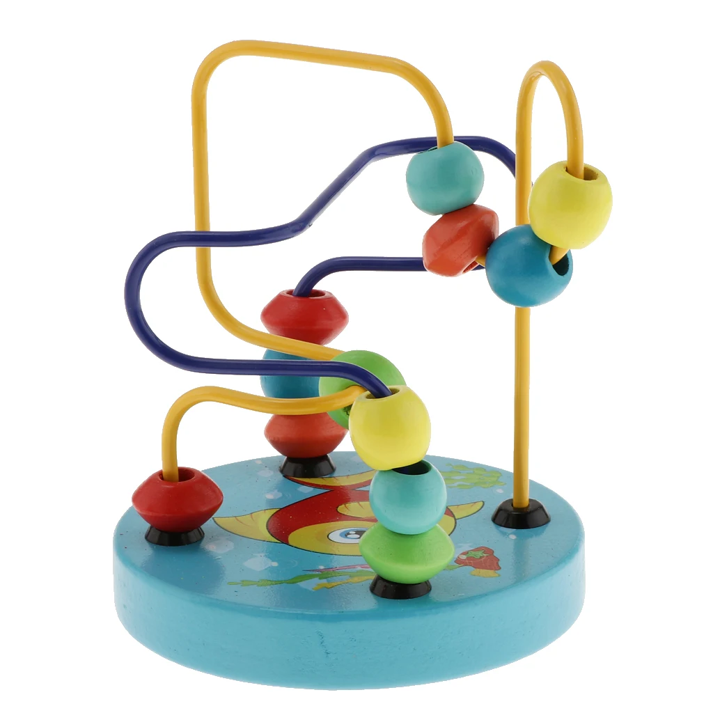 Fun Bead Maze Puzzle Activity Cube , Toddler Baby Wooden Roller Coaster Sliding Beads Game Classic Developmental Toy - Fish