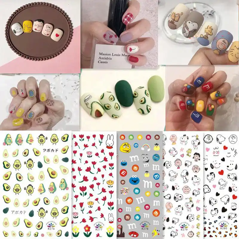 1 Pc 美容ネイルステッカーアボカドミリメートル豆漫画犬コーンポピー接着剤自己 3d デカール用バレンタインマニキュアアクセサリー ステッカー スキン Gooum