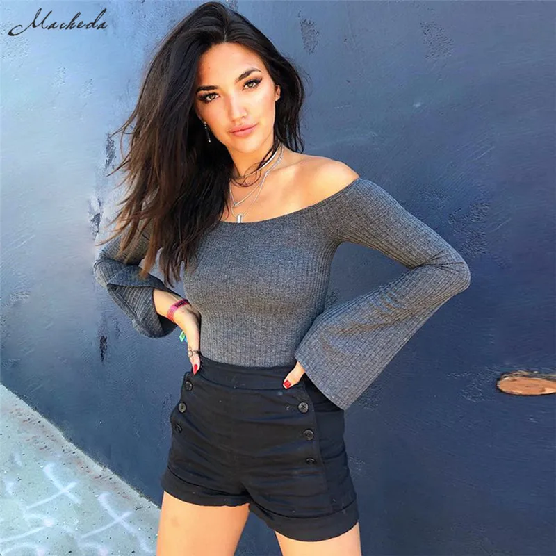 Macheda Bodysuit Sexy Women Slim Off Shoulder Bell Sleeve Stretch Bodysuit New Ladies Fashion Solid Leotard Body Jumpsuit
Macheda Bodysuit Sexy Women Slim Off Shoulder Bell Sleeve Stretch Bodysuit New Ladies Fashion Solid Leotard Body Jumpsuit