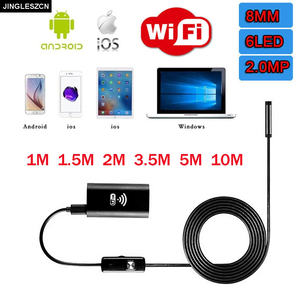 

JINGLESZCN Wifi Endoscope 8mm Lens 1/1.5/2/3.5/5/10m Waterproof Borescope Inspection USB Camera Snake Video Cam For Android PC
