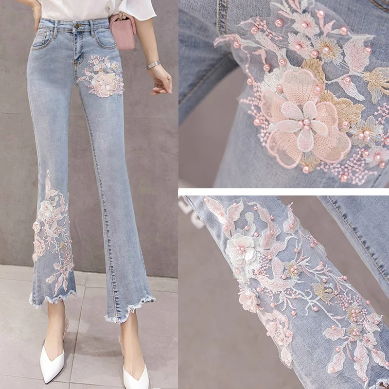 Summer Fashion Womens Lady Embroidery Flower Pearls Stretch Flare Jeans Pants , Ankle Length High Waist Irregular Denim Trousers
Summer Fashion Womens Lady Embroidery Flower Pearls Stretch Flare Jeans Pants , Ankle Length High Waist Irregular Denim Trousers