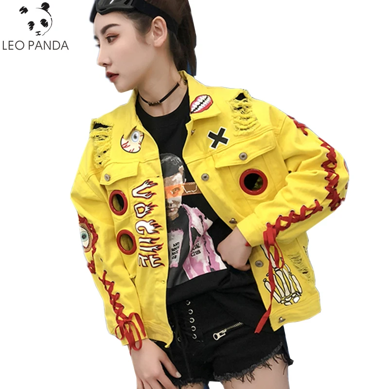 Spring Autumn Denim Jacket Women Fashion Long Sleeves Printing Lace Up Cowboy Coat Yellow Hollow Out Female Jean Outerwear H229
Spring Autumn Denim Jacket Women Fashion Long Sleeves Printing Lace Up Cowboy Coat Yellow Hollow Out Female Jean Outerwear H229