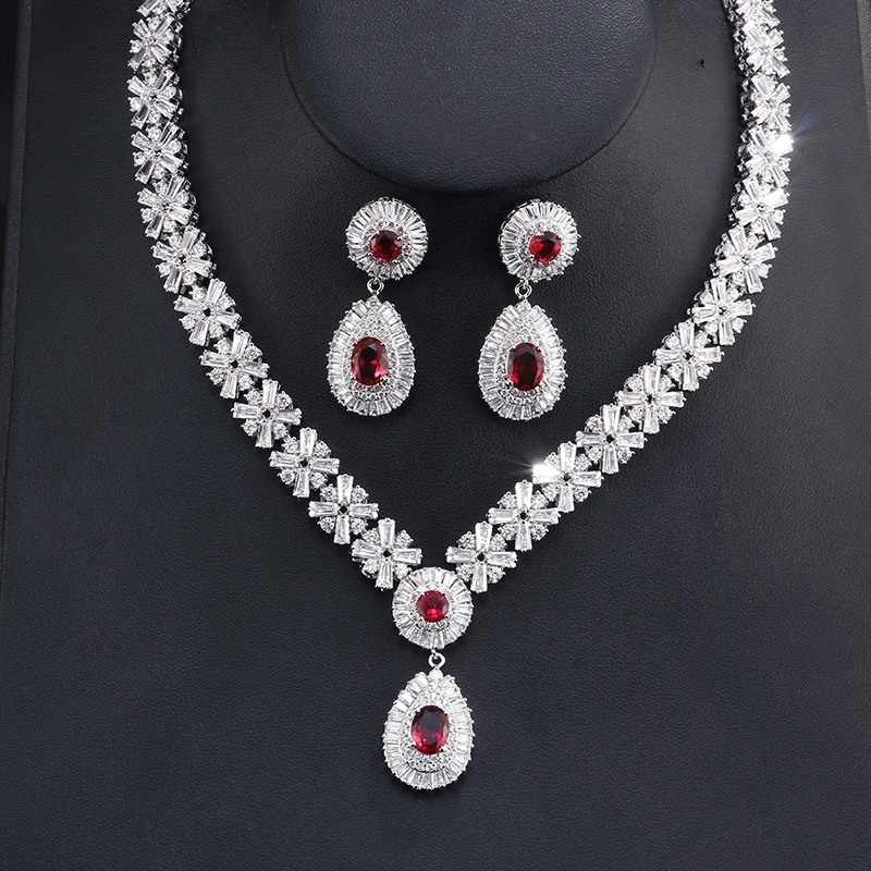 UILZ Luxury Sliver Color Cubic Zircon Necklace Earrings Sets Big Bridal Wedding Jewelry for Elegant Brides US232 | Украшения и