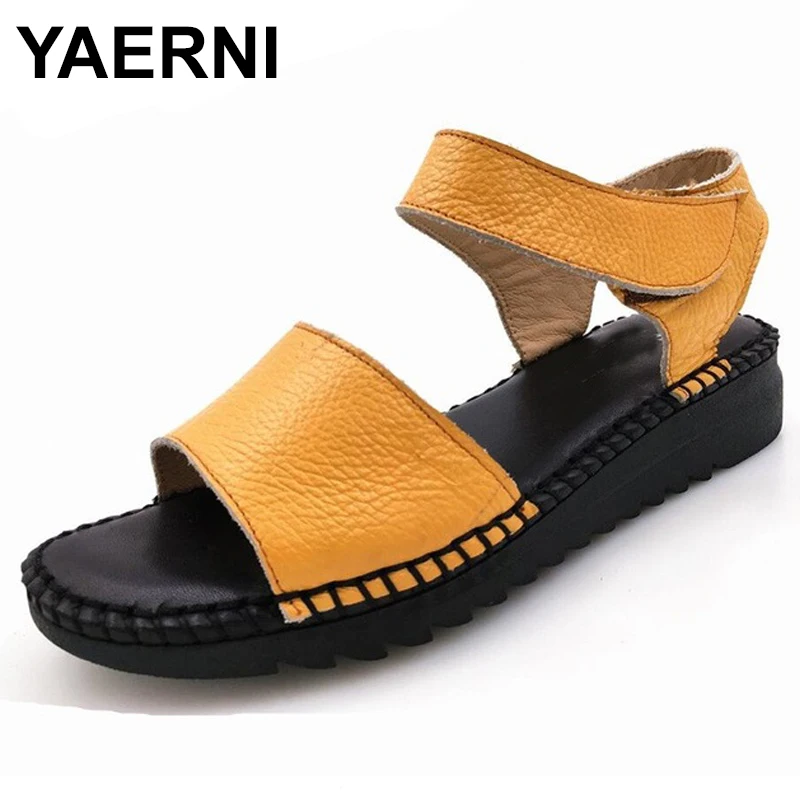 

YAERNI Women sandals genuine leather handmade sandals women summer shoes soft &Comfortable flat heel mather sandals