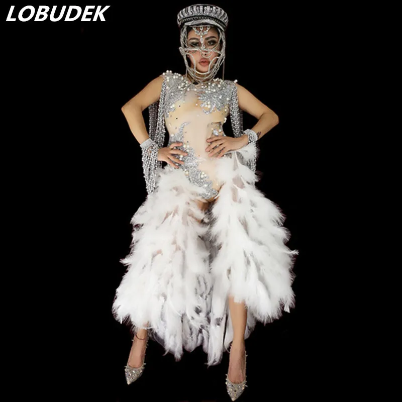 Sexy Bar Nightclub Female Singer Modern Dance Costume Beading Crystals Bodysuit White Feathers Trailing Party Show Stage Outfits
Sexy Bar Nightclub Female Singer Modern Dance Costume Beading Crystals Bodysuit White Feathers Trailing Party Show Stage Outfits
