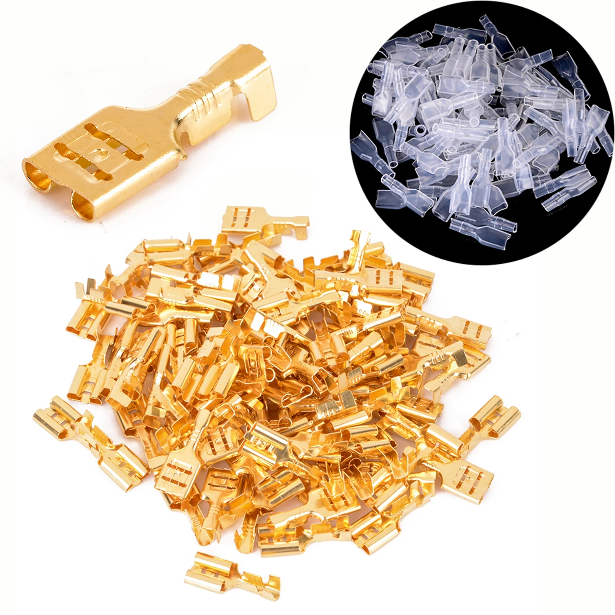 100pcs Brass Crimp Terminal 2.8/4.8/6.3mm Female Spade Connectors with 100pcs Insulating Sleeve 22-16 AWG