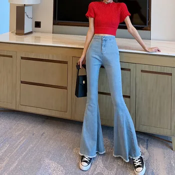 Blue Button Up Flare Hem Jeans Woman Long Denim Trousers Vintage Pants Capris Sale High Waist Stretch Slim Women Jeans 
Blue Button Up Flare Hem Jeans Woman Long Denim Trousers Vintage Pants Capris Sale High Waist Stretch Slim Women Jeans