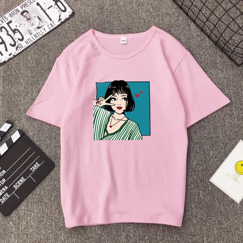 Harajuku Streetwear Kawaii girl print T-shirt Summer casual short-sleeve simple Female top tee Korean style 8color Women clothes
Harajuku Streetwear Kawaii girl print T-shirt Summer casual short-sleeve simple Female top tee Korean style 8color Women clothes