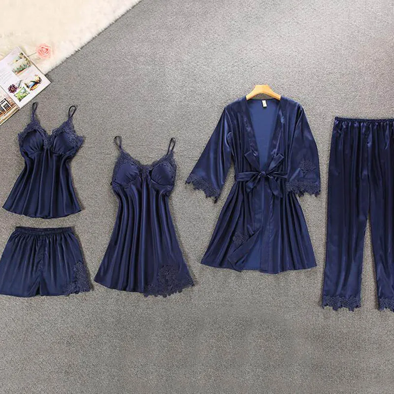 2019 PKSAQ 5 Pieces pajamas for women Silk V-neck full length Home Wear Lounge pajamas set with Chest Pads Satin sleepwear
2019 PKSAQ 5 Pieces pajamas for women Silk V-neck full length Home Wear Lounge pajamas set with Chest Pads Satin sleepwear