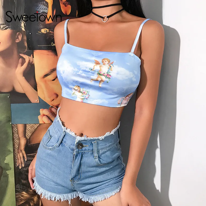 

Sweetown Angel Print Cute Bralette Crop Top Summer 2019 Blue Kawaii Women Clothes Spaghetti Strap Slim Sexy Cami Top New Arrival