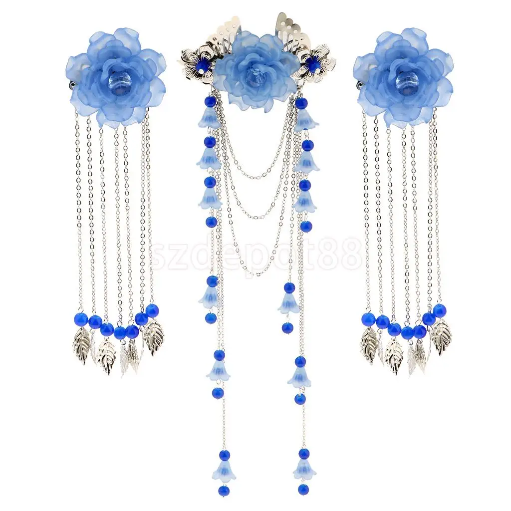 3 Pieces Costume Classic Flower Hair Clip Tassel Hair Barrette for Hanfu COS Hair Ornaments